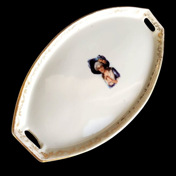 Antique Edwardian German Ilmenau Porcelain Vanity Tray Jlmenau Woman in Hat 7" - Picture 9 of 9